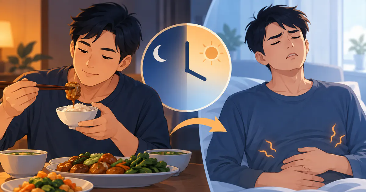 Minh họa bữa tối nhiều và muộn có thể liên quan đến đầy hơi buổi sáng