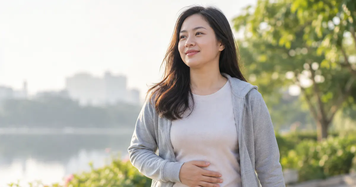 Người trưởng thành đi bộ nhẹ để hỗ trợ thói quen đi tiêu và giảm cảm giác đầy hơi