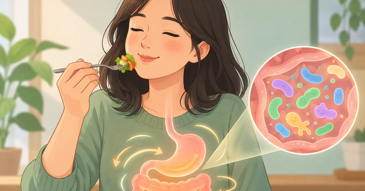Minh họa người ăn chậm nhai kỹ để hỗ trợ quá trình tiêu hóa