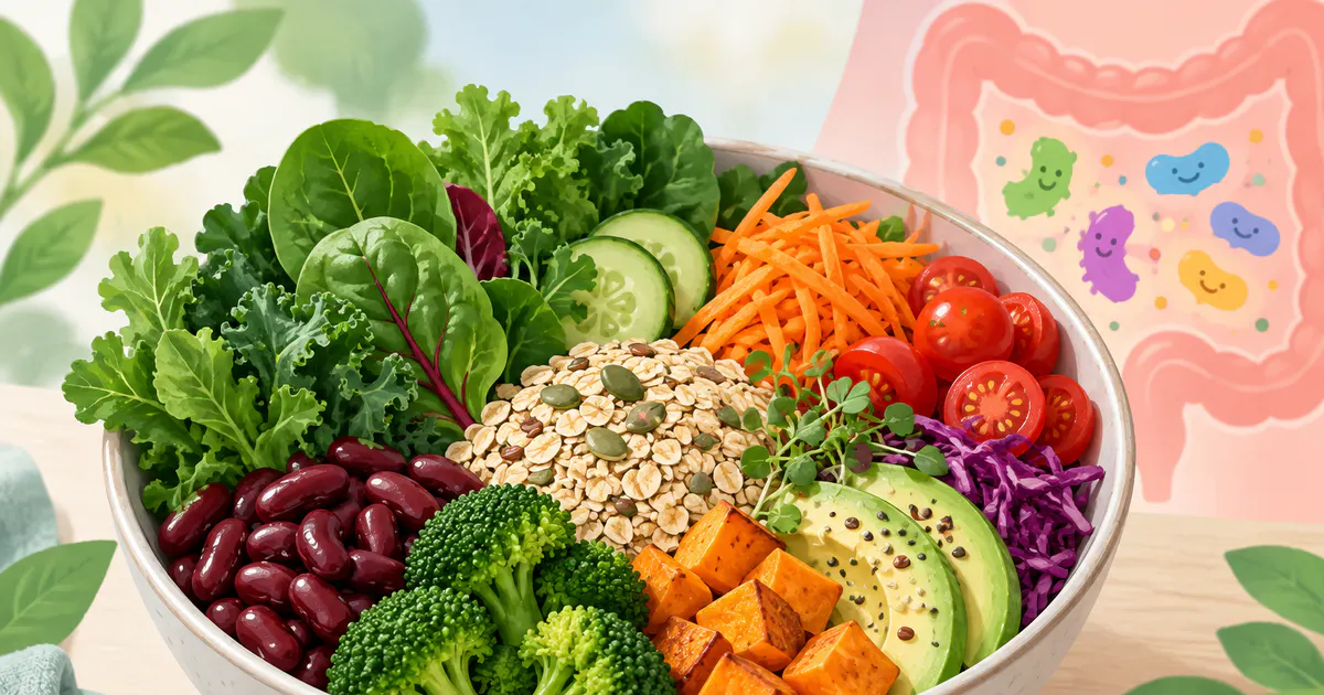 Bữa ăn đa dạng với rau củ, đậu và ngũ cốc nguyên hạt hỗ trợ sức khỏe đường ruột