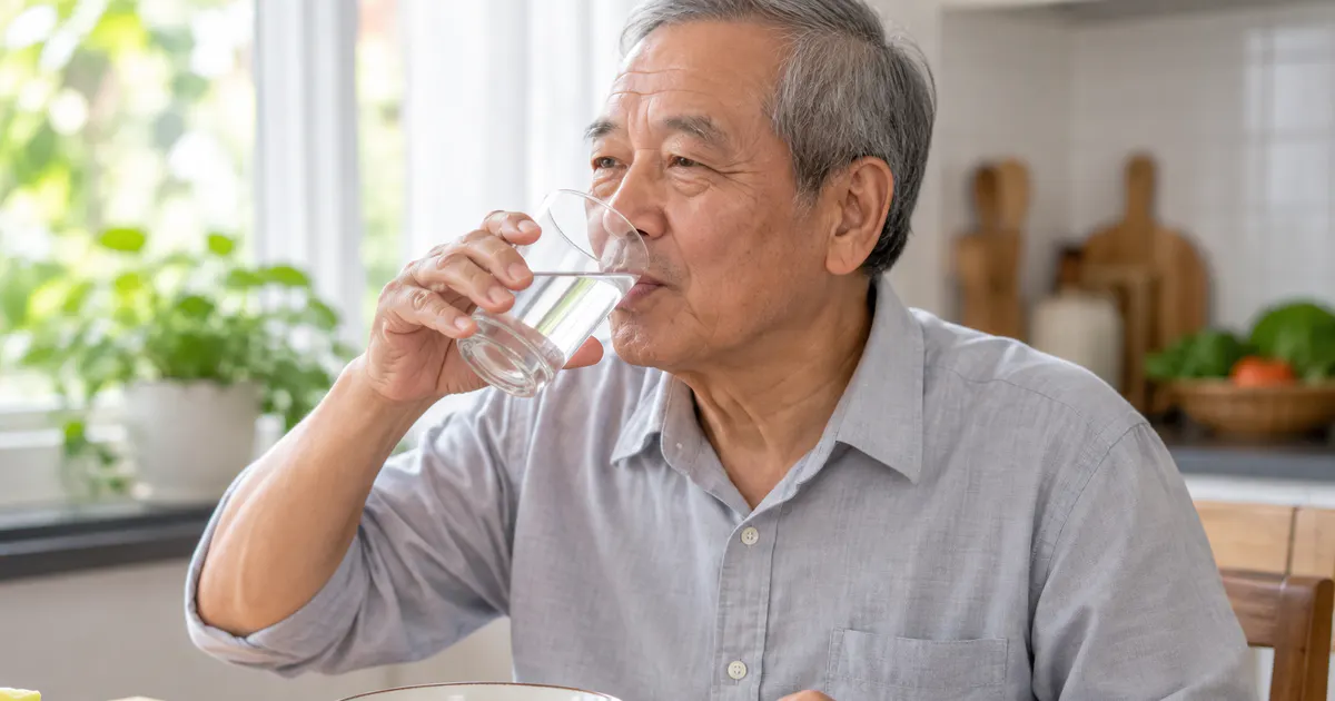 Người cao tuổi uống nước đều đặn bên bữa ăn mềm và vừa phải