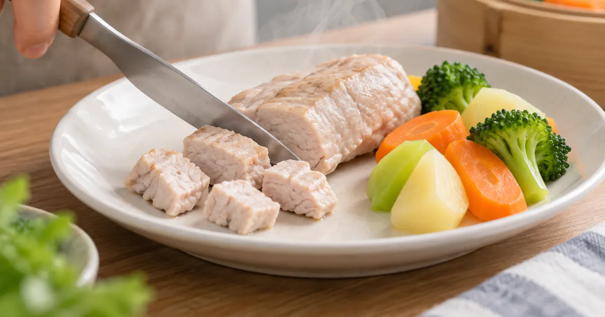Thịt nạc được nấu mềm và cắt nhỏ phù hợp cho trẻ