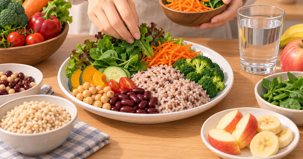 Bữa ăn cân đối với rau củ, đậu và trái cây giàu chất xơ hỗ trợ tiêu hóa