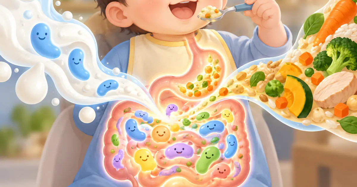Minh họa sự thay đổi của hệ tiêu hóa khi bé chuyển sang thức ăn dặm
