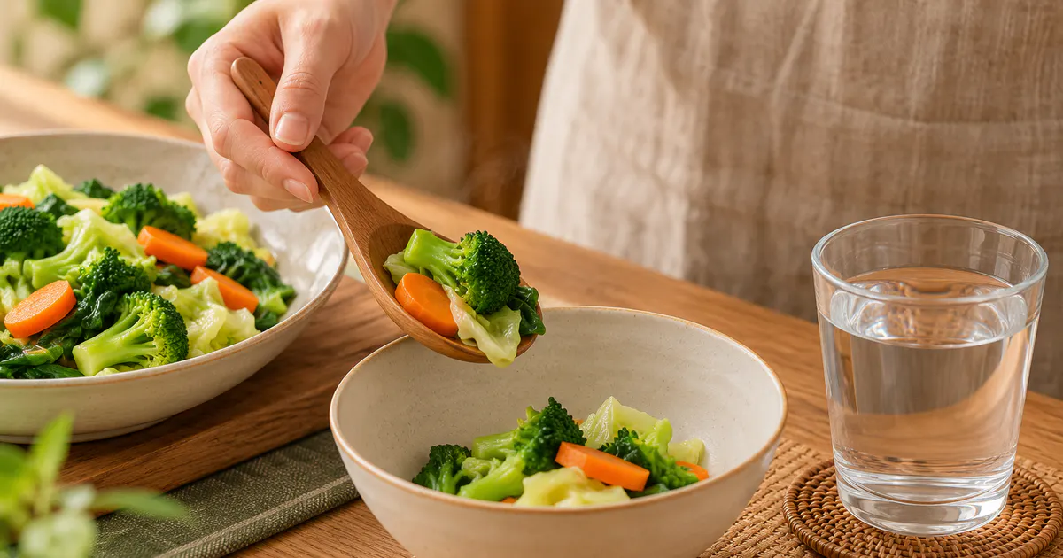Khẩu phần rau củ nhỏ và ly nước minh họa cách tăng chất xơ từng bước