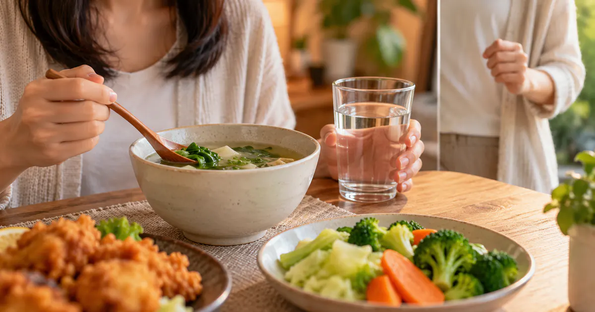 Bữa ăn nhẹ với rau củ và nước sau khi ăn nhiều đồ chiên rán