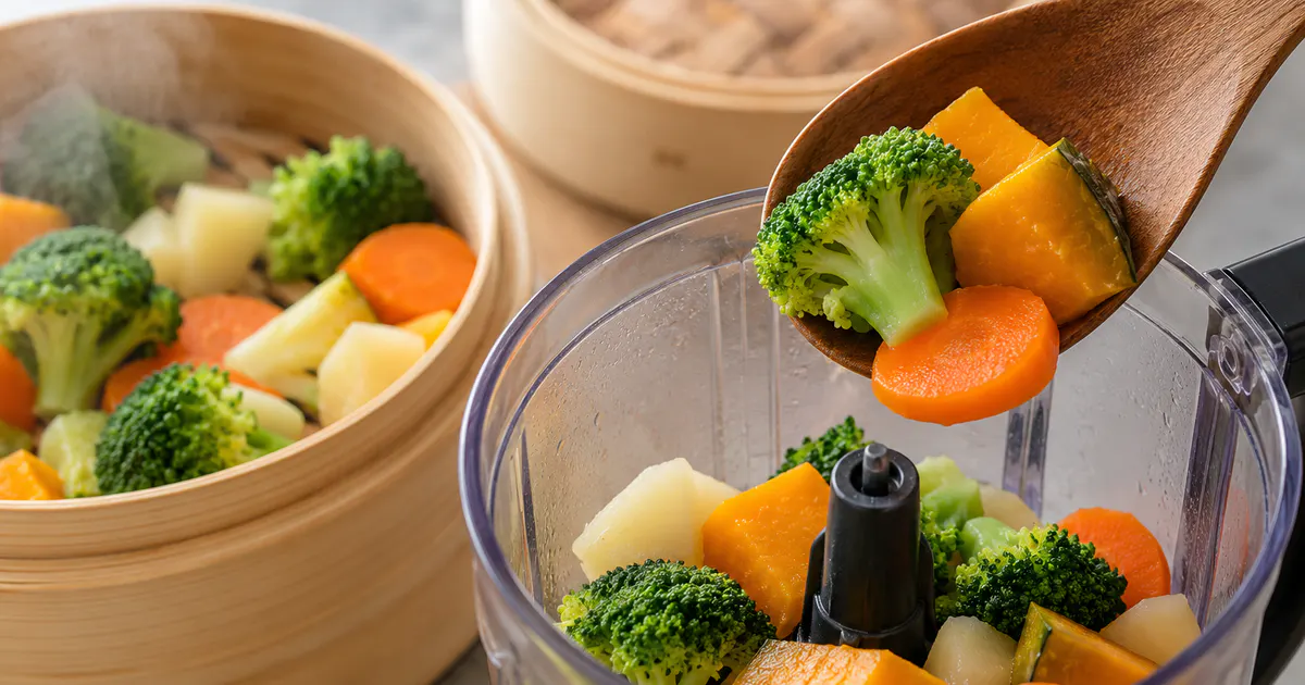 Rau củ hấp vừa chín chuẩn bị xay để giữ chất xơ