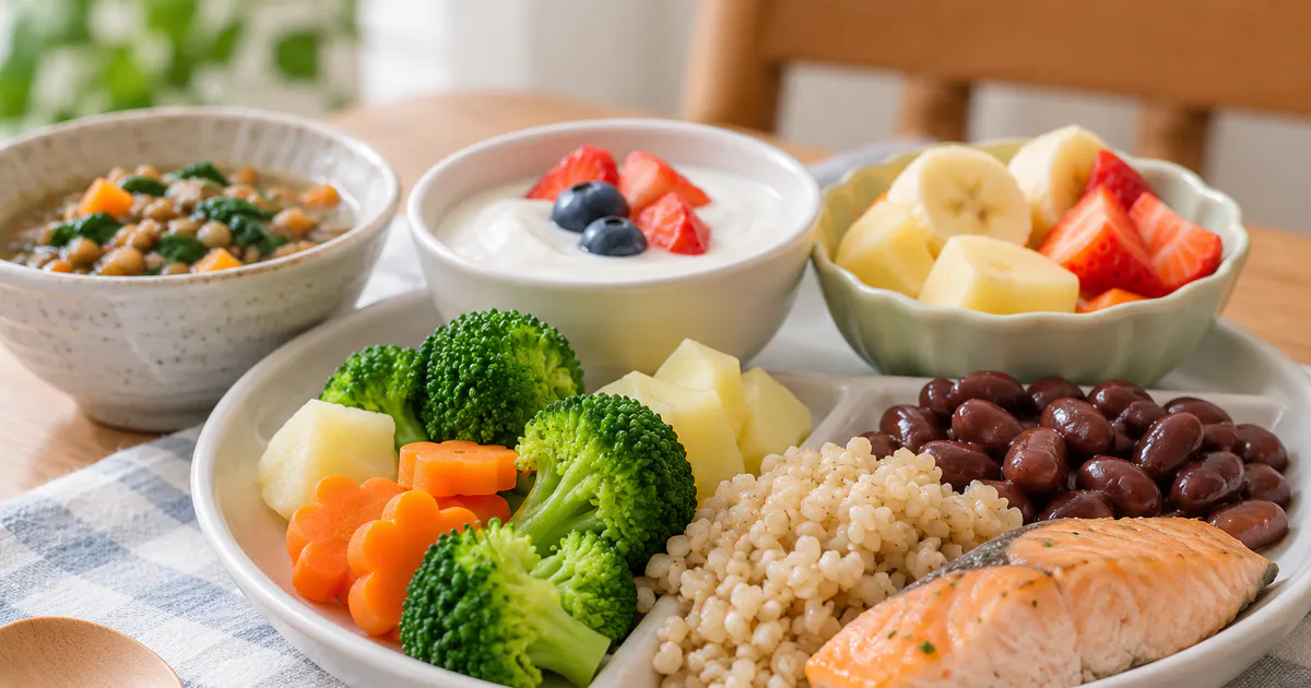 Bữa ăn đa dạng gồm rau củ, trái cây, ngũ cốc và thực phẩm phù hợp cho đường ruột của trẻ