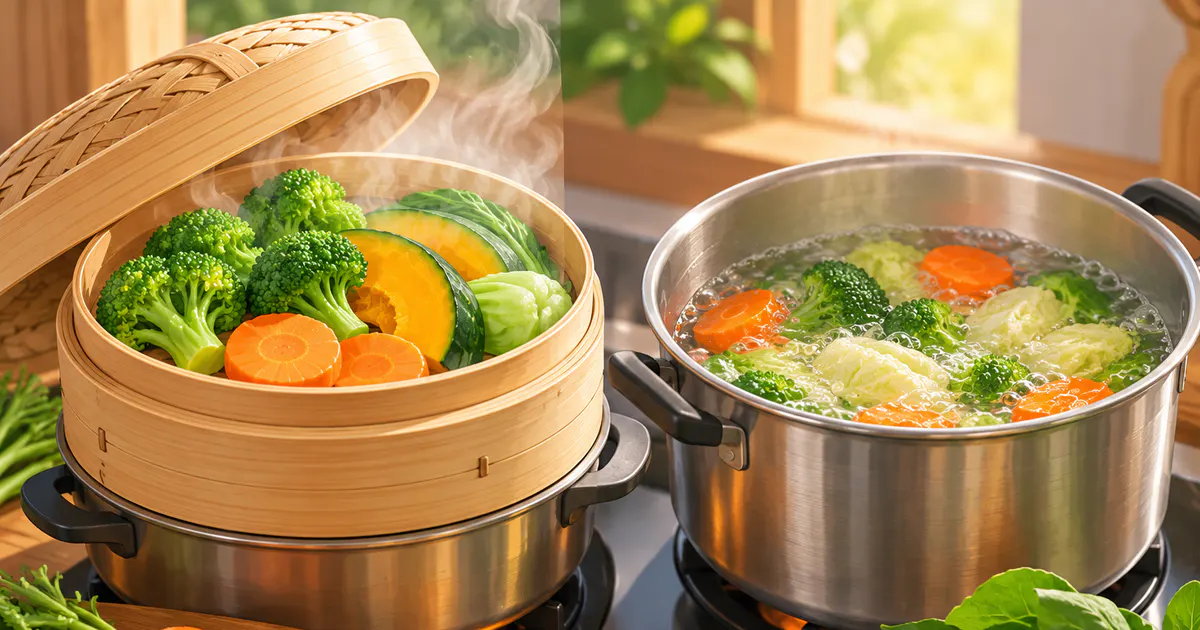 Minh họa hấp và luộc rau củ với lượng nước phù hợp để giữ giá trị dinh dưỡng