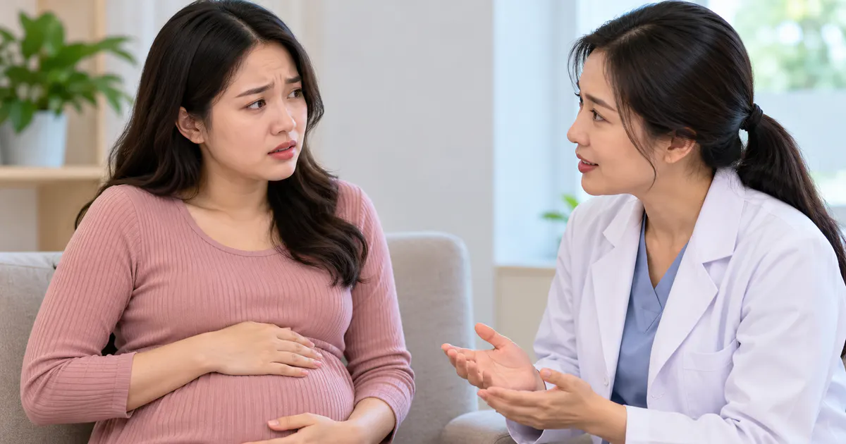 Bà bầu trao đổi với nhân viên y tế khi đầy bụng khó tiêu kéo dài hoặc có dấu hiệu cảnh báo