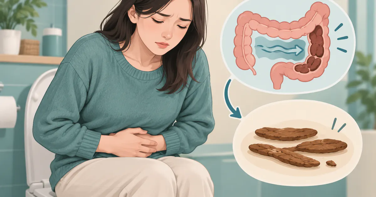 Minh họa táo bón và thói quen đi tiêu liên quan đến phân nhỏ dẹt