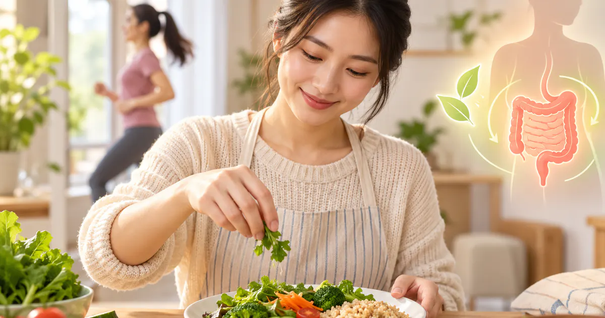 Minh họa thói quen ăn uống và vận động hỗ trợ theo dõi sức khỏe đường ruột