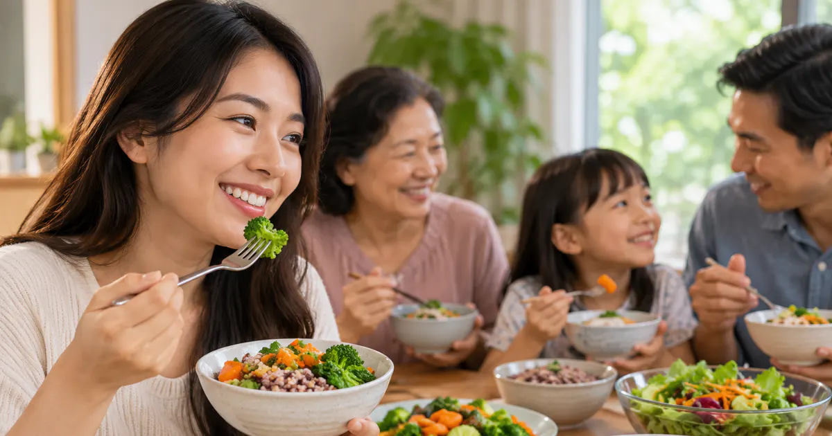 Gia đình duy trì bữa ăn đa dạng để chăm sóc sức khỏe đường ruột lâu dài
