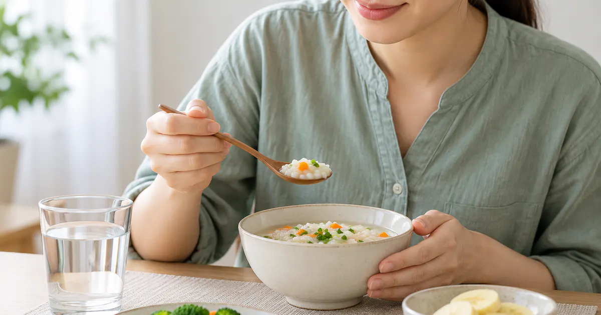 Bữa ăn đơn giản và uống nước khi chăm sóc đầy hơi sau kháng sinh