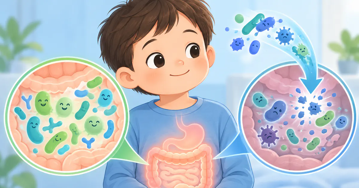 Minh họa hệ vi sinh đường ruột có thể thay đổi khi trẻ dùng kháng sinh