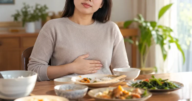 Người trưởng thành ngồi thẳng, đặt tay nhẹ trên bụng khi khó tiêu kèm ợ hơi sau khi ăn no xử lý thế nào