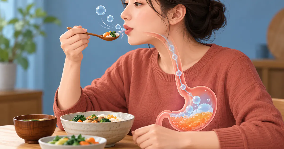 Minh họa cơ chế nuốt không khí có thể làm tăng ợ hơi sau ăn