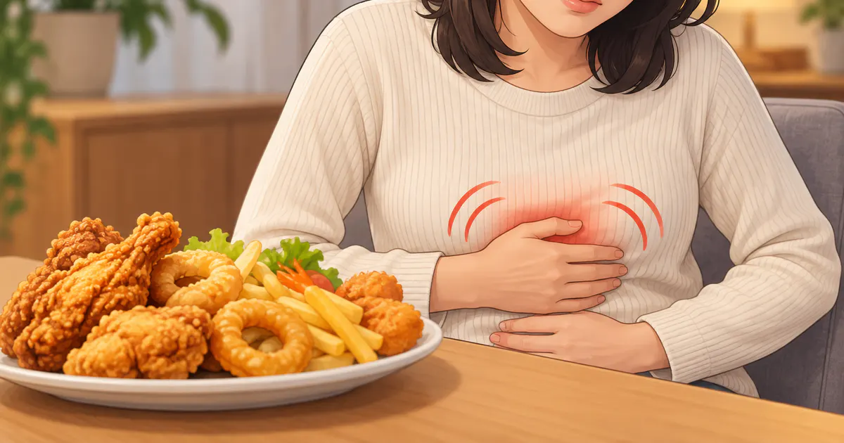 Minh họa bữa ăn nhiều món chiên rán có thể liên quan đến đầy bụng và ợ nóng