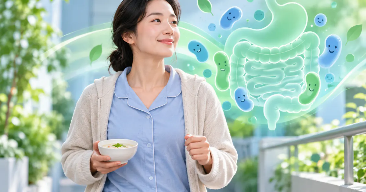 Minh họa chăm sóc tiêu hóa bằng ăn uống và vận động nhẹ theo hướng dẫn sau phẫu thuật
