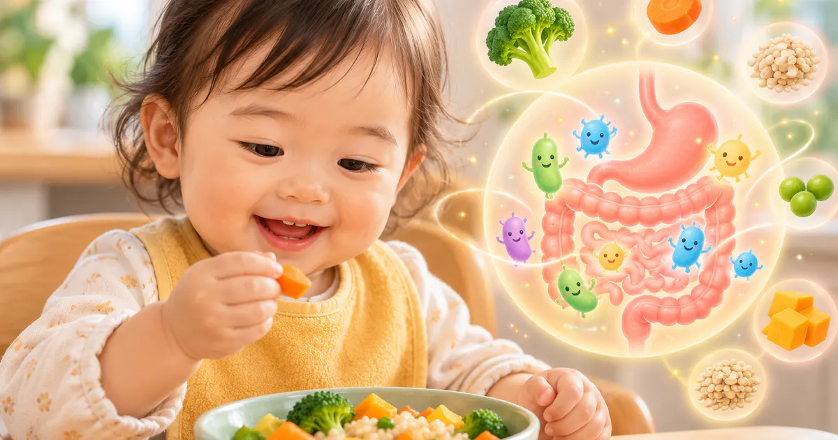 Trẻ tập ăn dặm với thực phẩm đa dạng để hỗ trợ hệ miễn dịch đường ruột
