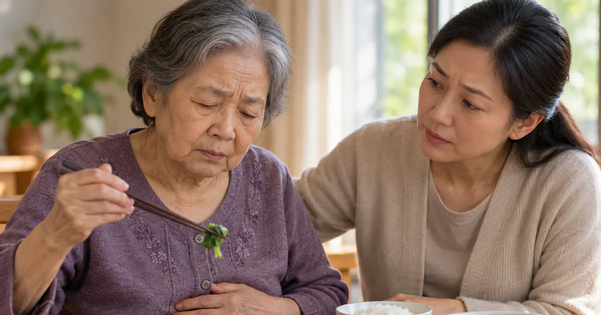 Người cao tuổi ăn uống kém bị sụt cân do rối loạn tiêu hóa được gia đình theo dõi bữa ăn