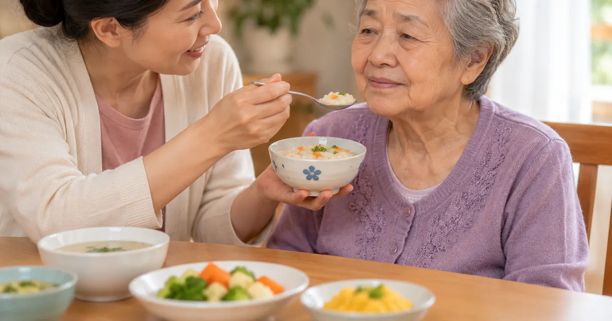 Gia đình hỗ trợ bữa nhỏ mềm và dễ ăn cho người cao tuổi bị khó tiêu