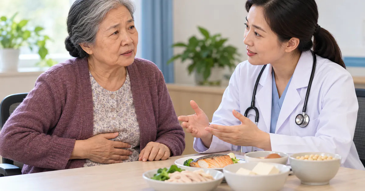 Người cao tuổi trao đổi với nhân viên y tế khi khó tiêu kéo dài và ăn ít đạm