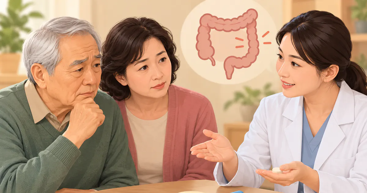 Minh họa người cao tuổi cùng dược sĩ rà soát nhóm thuốc có thể gây táo bón