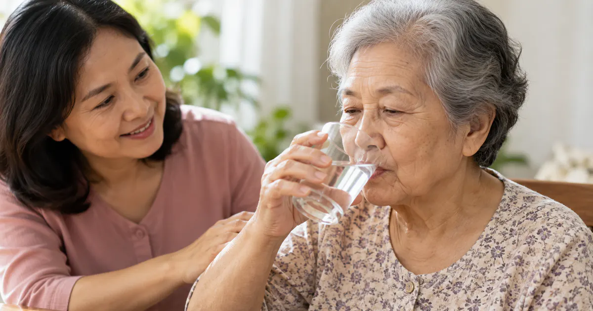Người lớn tuổi uống nước đều đặn với sự nhắc nhở của người chăm sóc