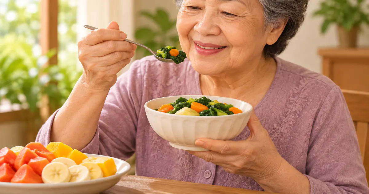 Người cao tuổi ăn rau củ nấu mềm và trái cây chín để bổ sung chất xơ