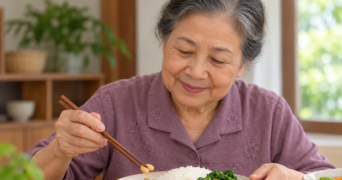 Khẩu phần đậu nhỏ kết hợp cơm và rau củ nấu chín cho người lớn tuổi