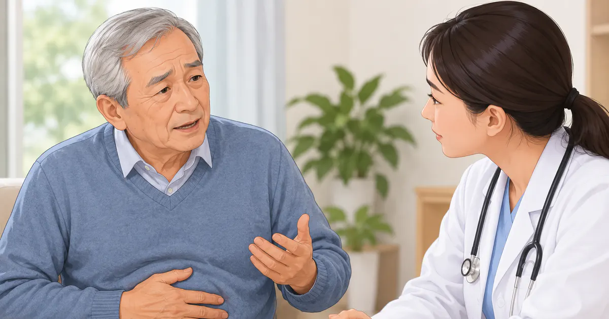 Người lớn tuổi trao đổi với nhân viên y tế về tình trạng đầy bụng sau ăn đậu