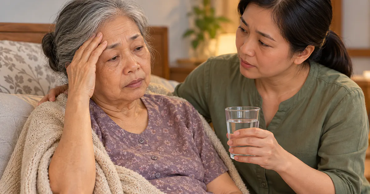Người chăm sóc quan sát dấu hiệu mất nước ở người cao tuổi tại nhà