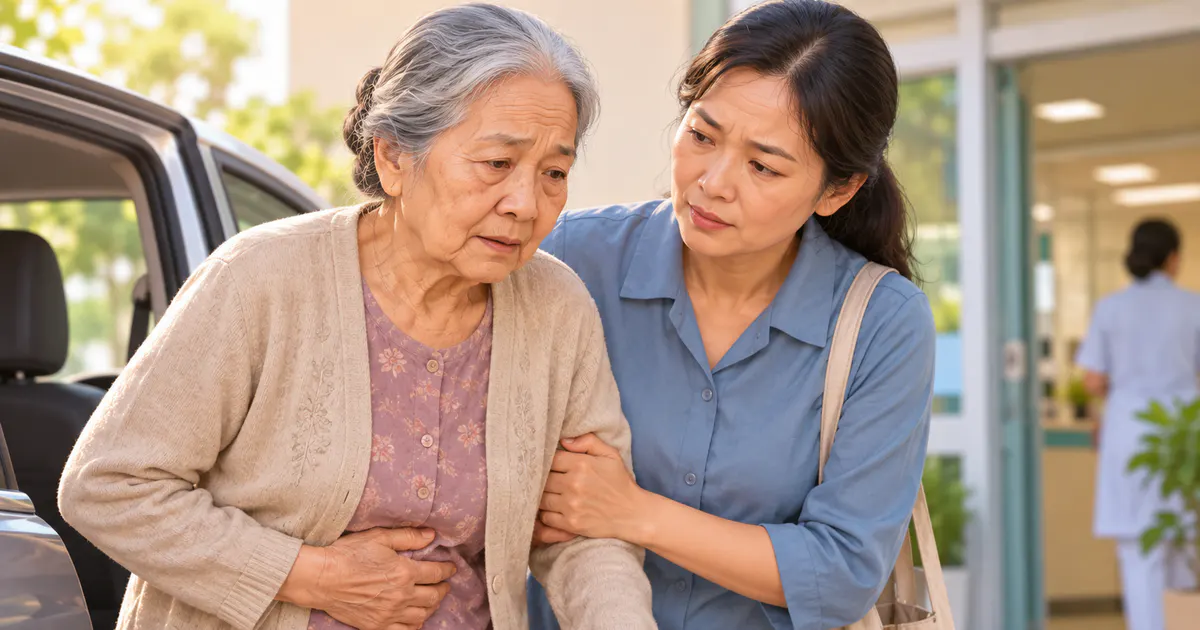 Người cao tuổi được người thân hỗ trợ đi khám khi tiêu chảy có dấu hiệu cảnh báo