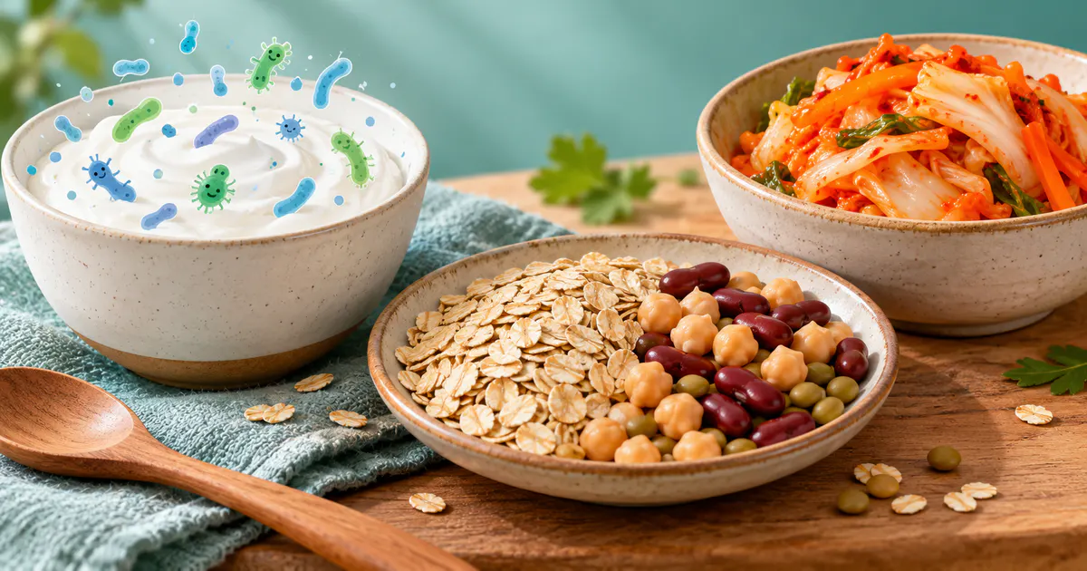 Minh họa ba khái niệm probiotic, prebiotic và thực phẩm lên men bằng các nhóm thực phẩm khác nhau