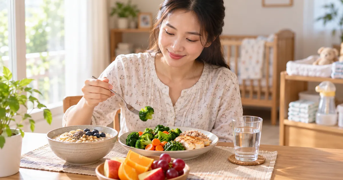 Mẹ sau sinh đang cho con bú dùng bữa ăn giàu chất xơ và uống nước