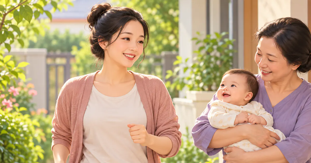 Mẹ sau sinh đi bộ nhẹ nhàng để hỗ trợ vận động và nhu động ruột