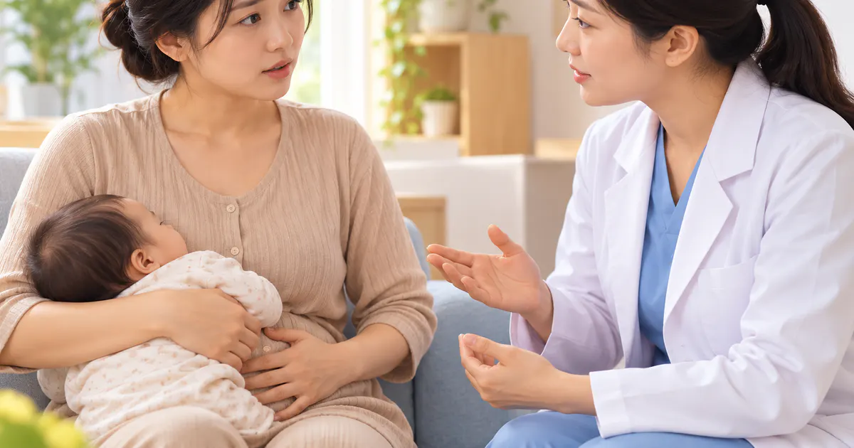 Mẹ đang cho con bú trao đổi với nhân viên y tế về dấu hiệu táo bón cần thăm khám