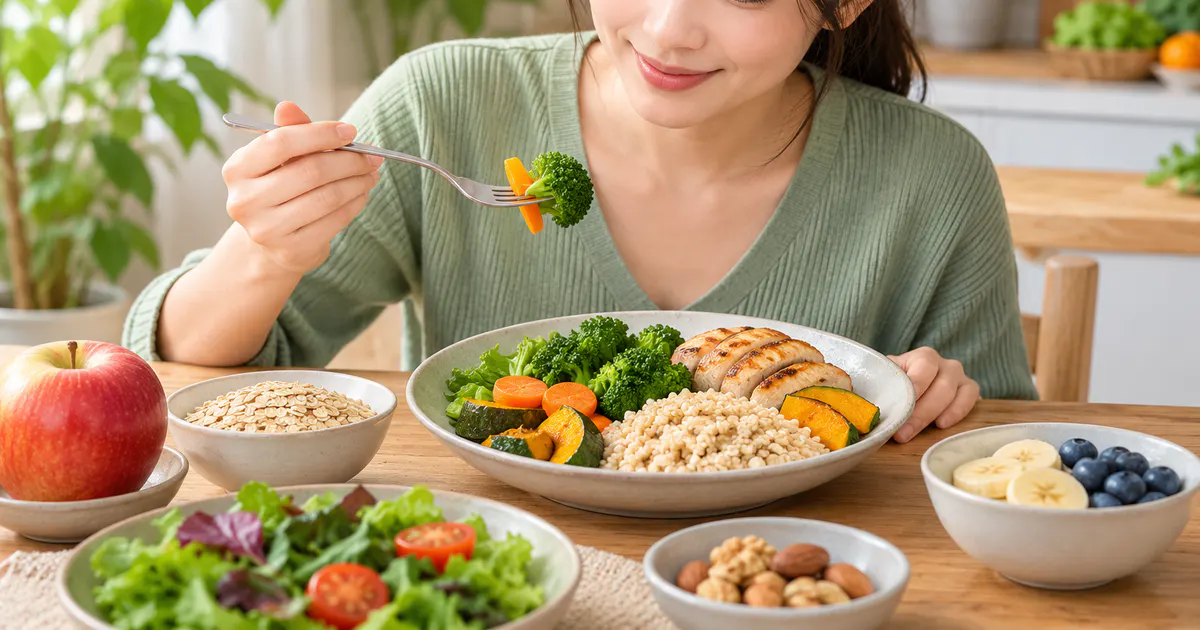 Thực đơn cân bằng với rau củ, yến mạch, trái cây nguyên quả và nguồn đạm