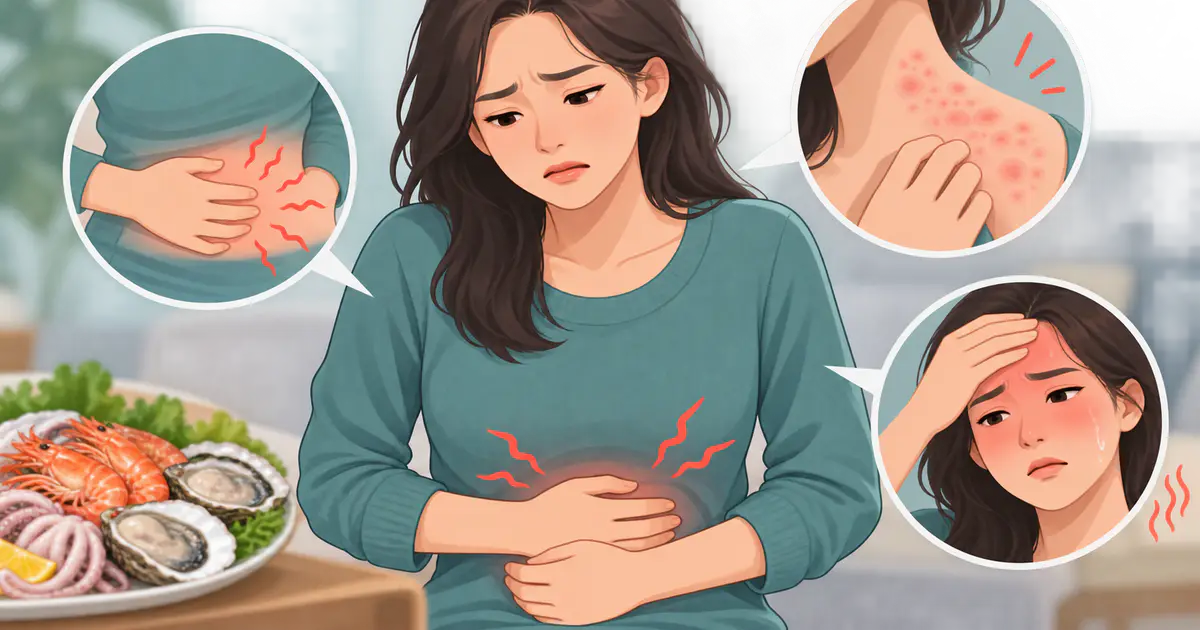 Minh họa phân biệt rối loạn tiêu hóa dị ứng và nhiễm khuẩn sau ăn hải sản