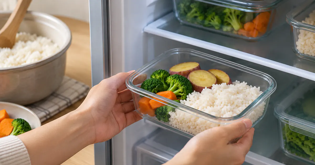 Chia cơm và rau vào hộp sạch để làm nguội nhanh và bảo quản an toàn