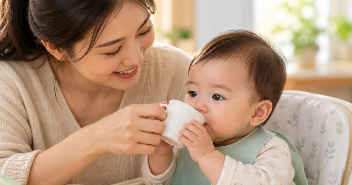 Trẻ nhỏ uống từng ngụm nước phù hợp sau bữa ăn dặm
