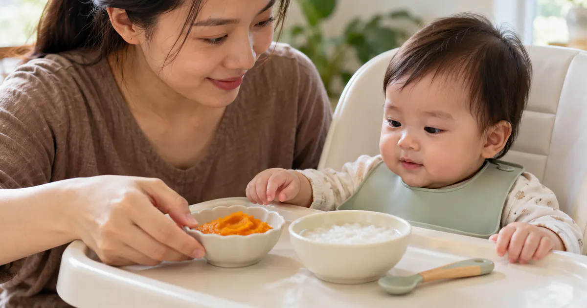 Bữa ăn dặm mềm được chuẩn bị gọn gàng để theo dõi trẻ có phân lỏng