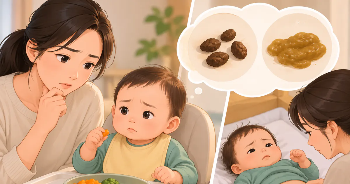 Minh họa cha mẹ quan sát phân và biểu hiện của trẻ khi mới ăn dặm