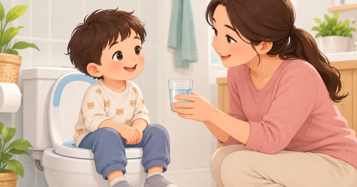 Trẻ uống nước và ngồi toilet đúng tư thế trong thói quen đi tiêu bình tĩnh