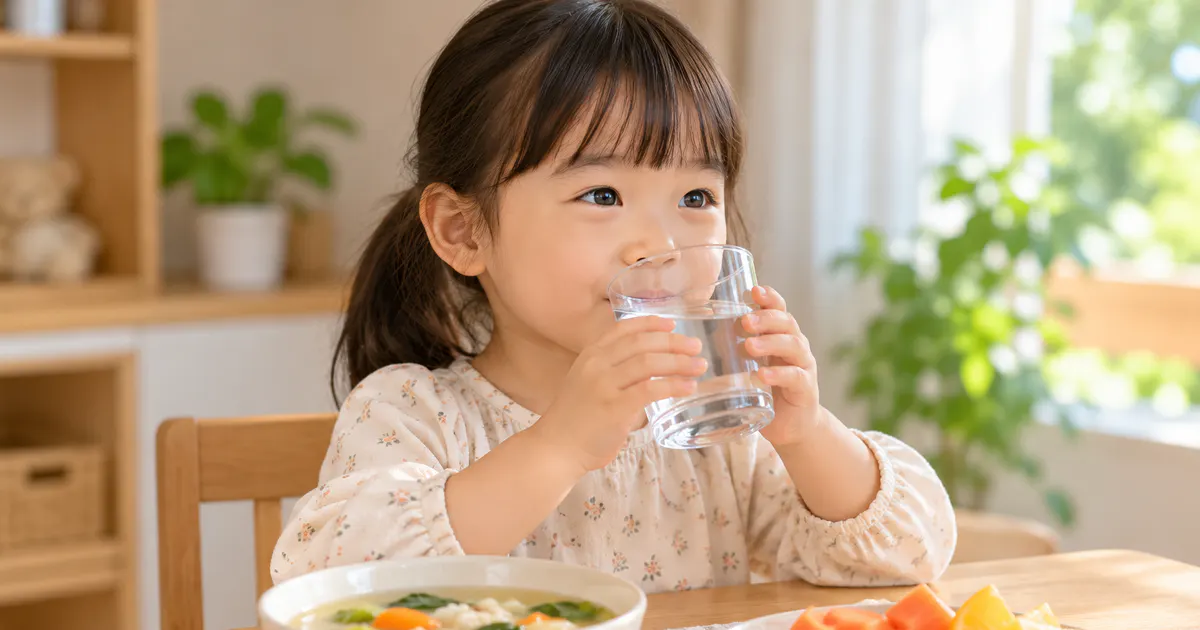 Minh họa trẻ uống từng ngụm nước và nhận thêm dịch từ món ăn phù hợp độ tuổi