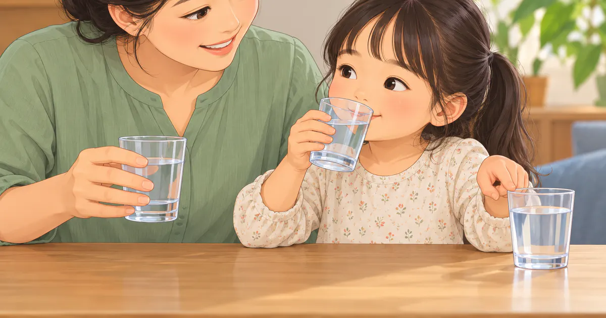 Minh họa cách tạo thói quen cho trẻ uống nước từng ít một mà không ép buộc