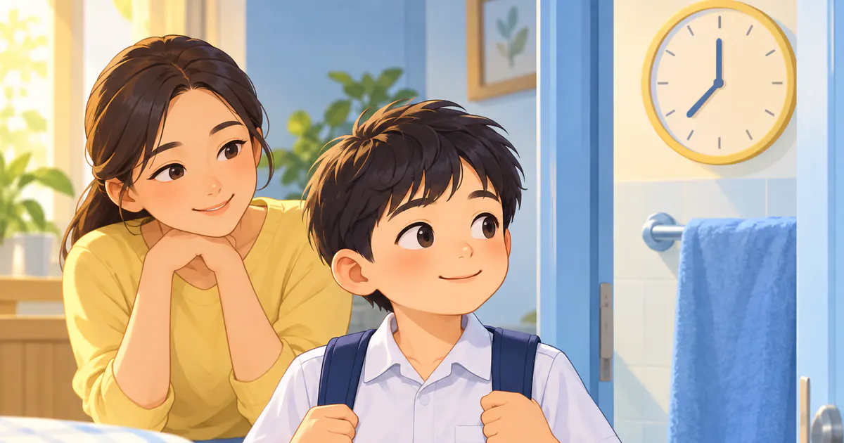 Minh họa trẻ có thời gian đi vệ sinh và chuẩn bị buổi sáng trước khi đến trường