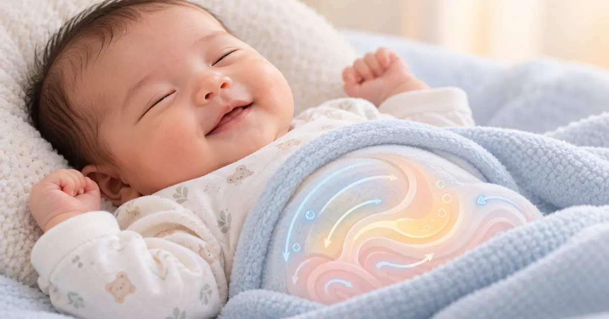 Minh họa chuyển động bình thường của sữa và khí trong bụng trẻ sau bú