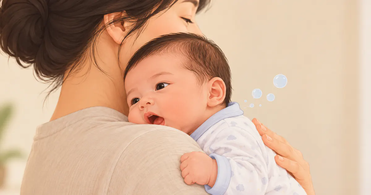 Minh họa bé sơ sinh được bế thẳng để hạn chế nuốt nhiều không khí
